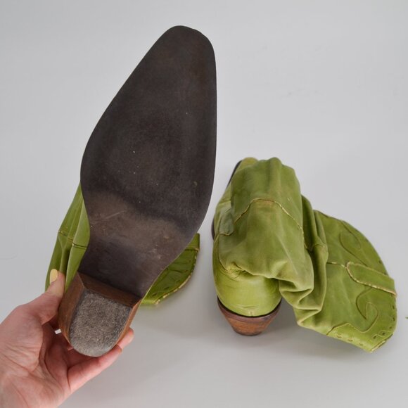 Vintage Slouchy Cowboy Boots Mid Calf Western Leather Cowgirl Green Womens 7.5 8 - Picture 6 of 8